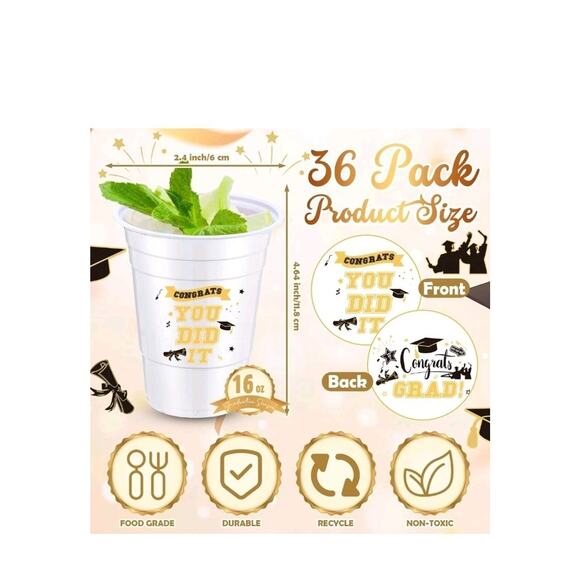 36 Pcs 2025 Graduation Plastic Cups 16 oz Congrats Grad Stadium Cups Bulk... - Picture 6 of 7